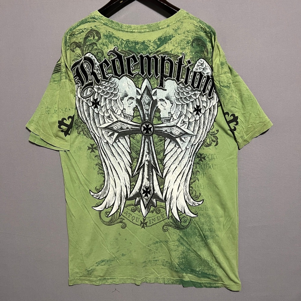 Raw State Mens XXL Green Redemption Winged Cross Skulls Distressed Y2K T-Shirt